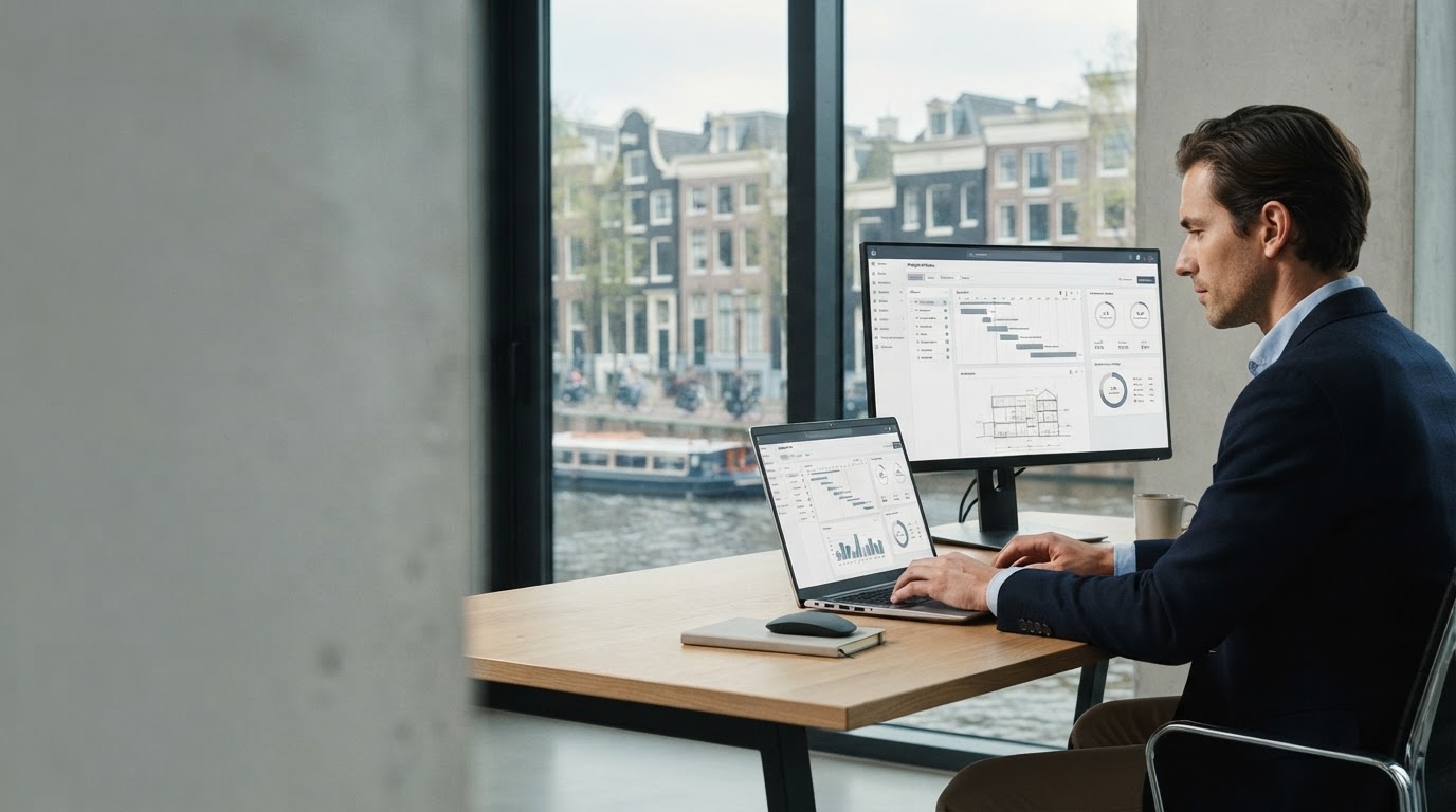 Rendelomuur dashboard met real-time risicoanalyse, gebruikt door een reizende investeerder